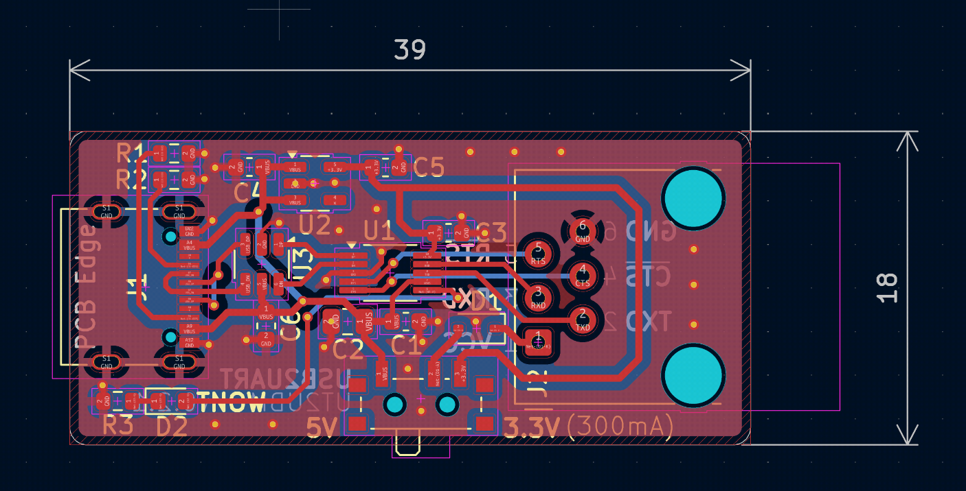 PCB layout of the USB-to-UART adapter board